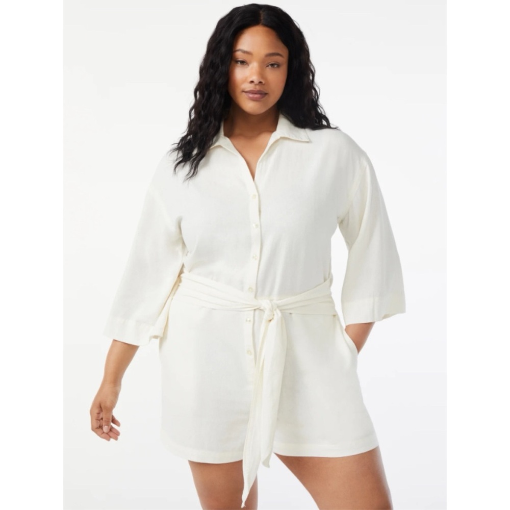 🆕 Free Assembly Women's Linen Blend Belted Short Romper XL NWOT New!